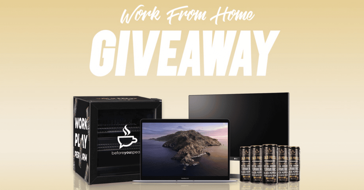 Win an Apple MacBook, an LG Monitor, a mini fridge, and 3 month supply of Cold Press Cans