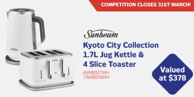Win a Sunbeam Kyoto City Collection (Jug Kettle + 4 Slice Toaster)