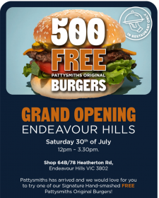 500 FREE Burgers at Pattysmiths (Endeavour Hills)